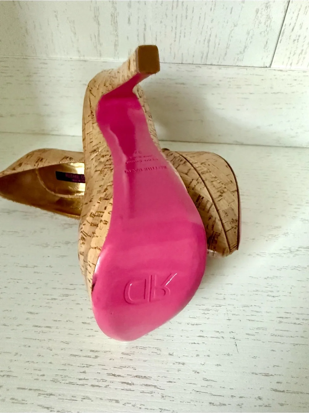 Ruthie Davis Cork-Print Nude Platform Pumps with Gold Lining size 37